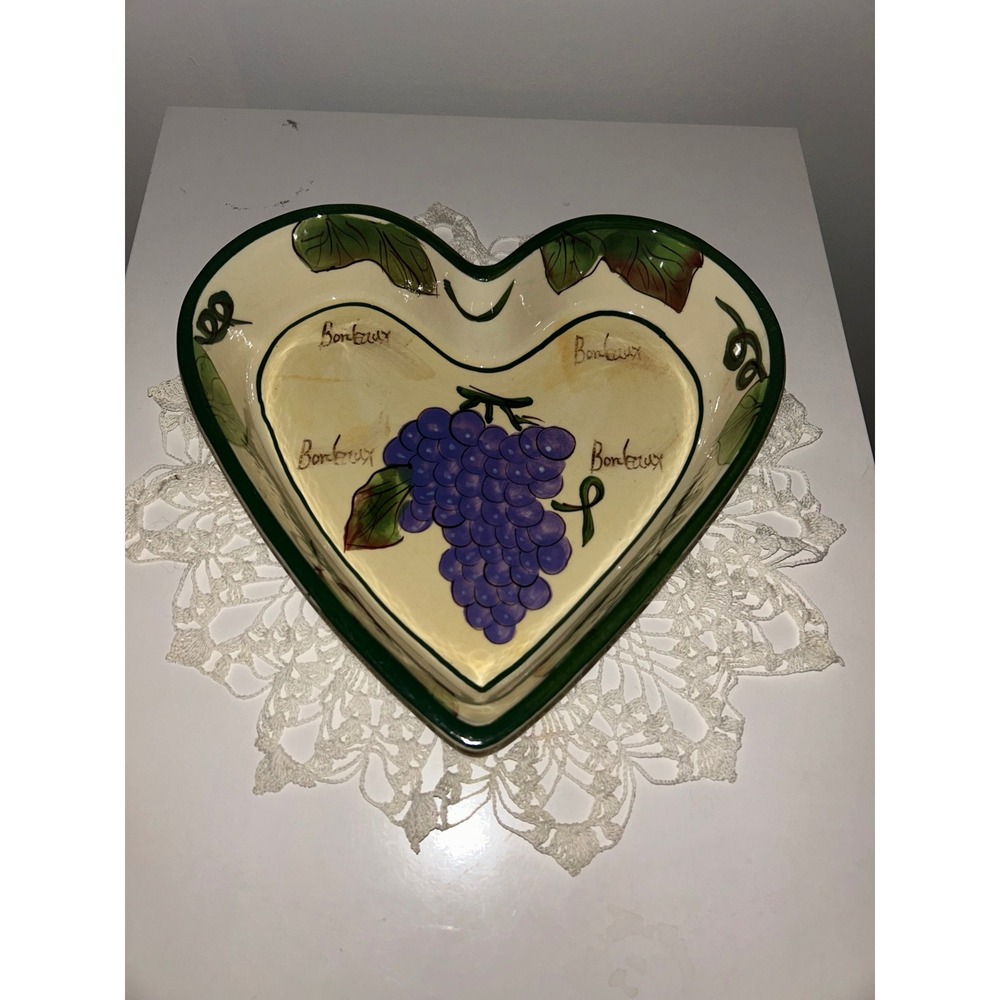 Baum Bros Style Eyes Grape Writing Collection Heart Shaped Ceramic Serving Bowl